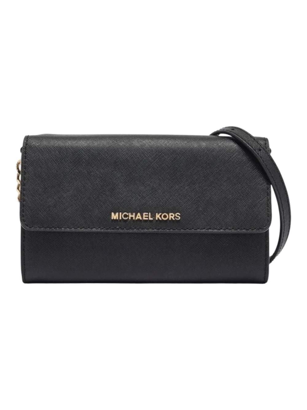Michael Kors Black Jet Set Saffino Leather Gold Chain Crossbody Wallet Bag